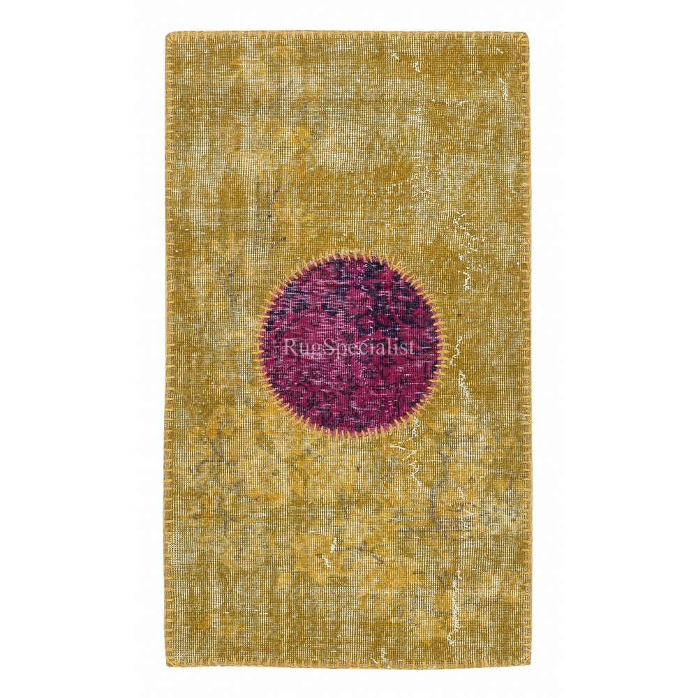 Modern Turkish Patchwork Rug in Yellow Color. Handmade Colorful Circle Door Mat