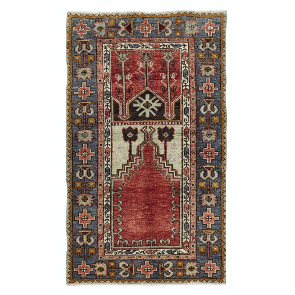 Vintage Handmade Turkish Konya Prayer Rug, 100% Wool