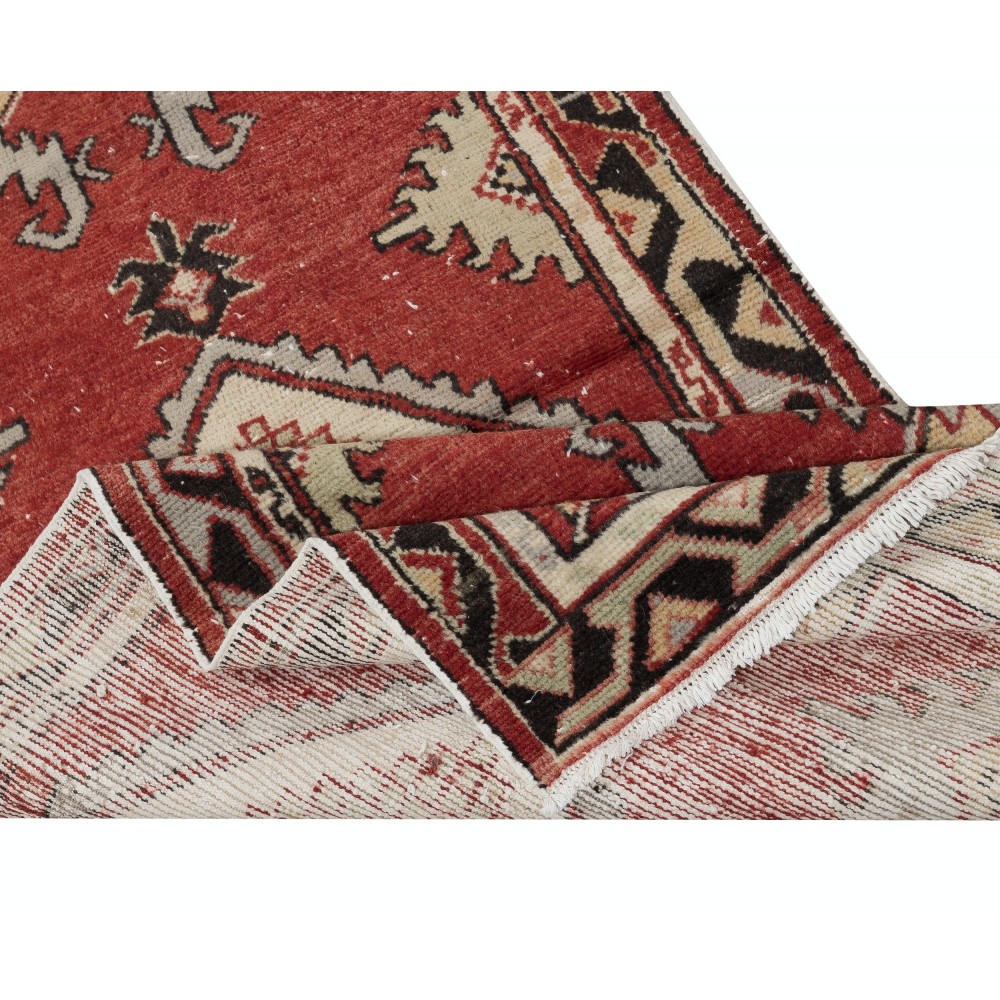 Traditional Vintage Handmade Turkish Accent Rug in Red and Beige Color