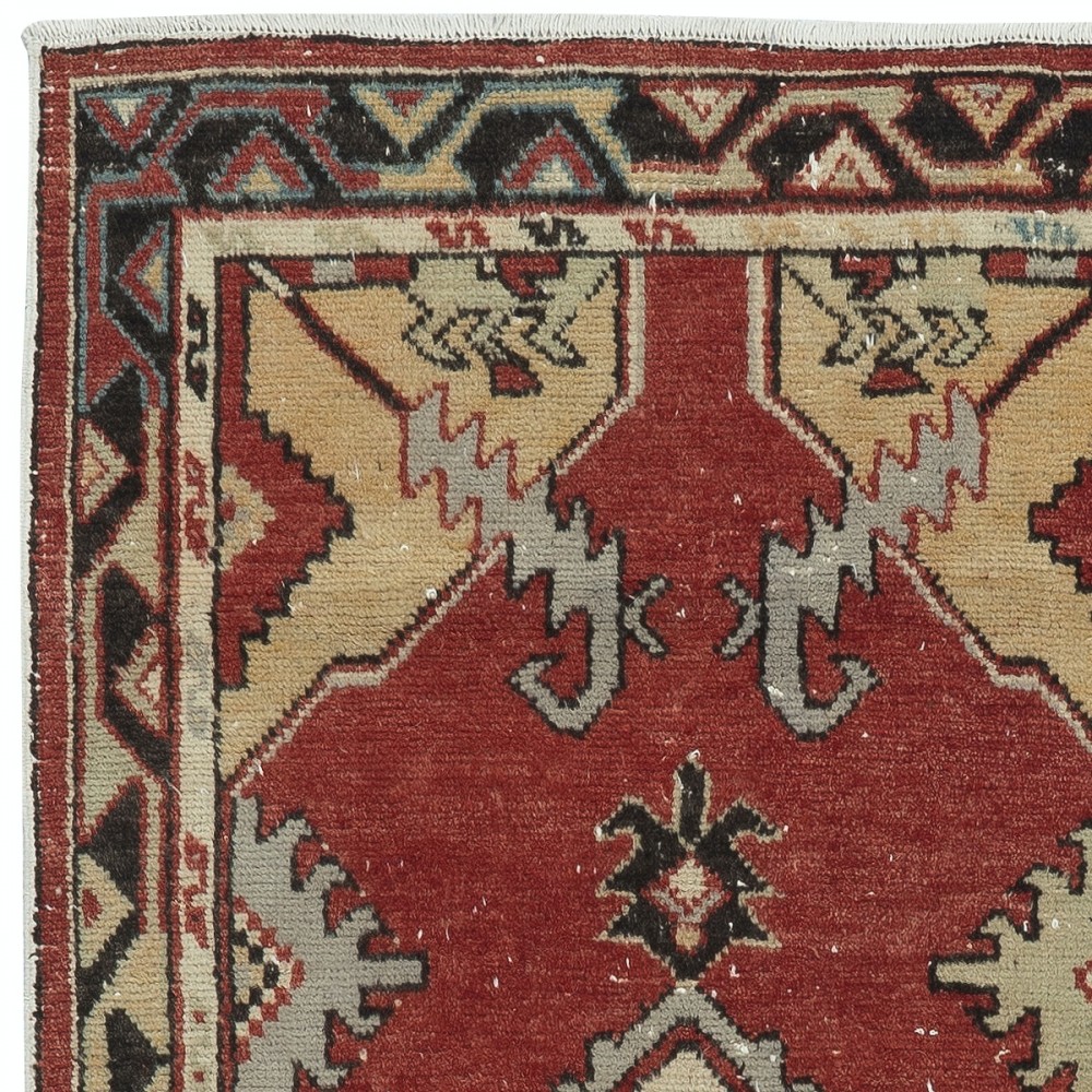 Traditional Vintage Handmade Turkish Accent Rug in Red and Beige Color