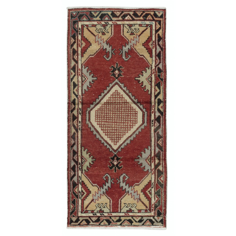 Traditional Vintage Handmade Turkish Accent Rug in Red and Beige Color