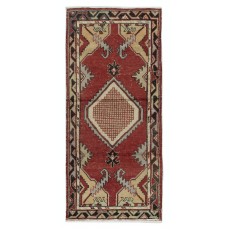 Traditional Vintage Handmade Turkish Accent Rug in Red and Beige Color