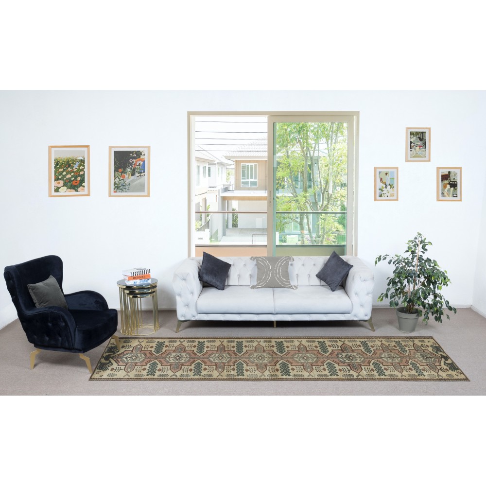Vintage Handmade Turkish Wool Narrow Runner Rug for Hallway Decor