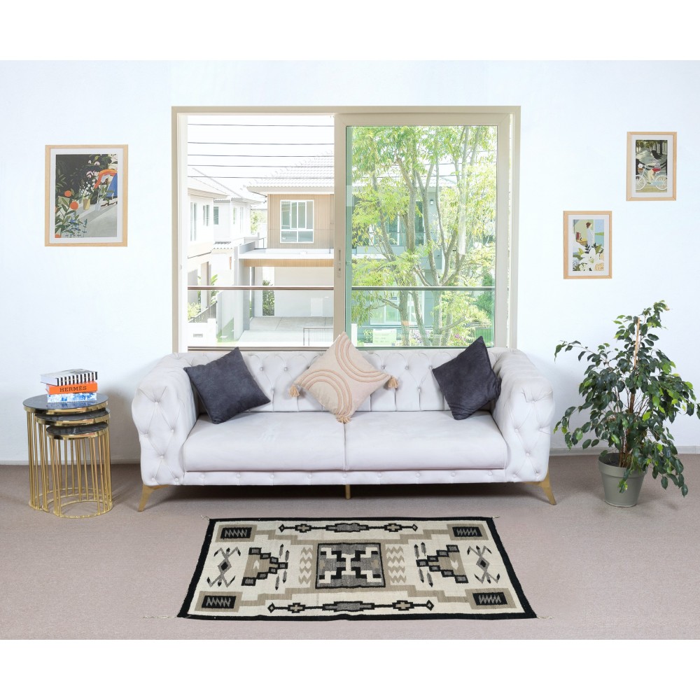 Vintage Navajo Storm Pattern Flat-weave Kilim Rug. 100% Wool