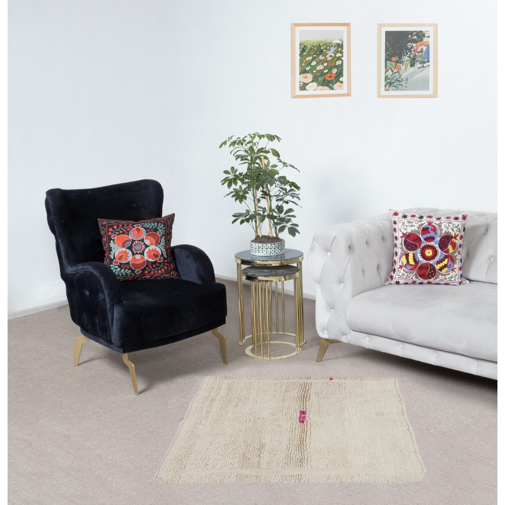 Minimalist Vintage Anatolian "Tulu" Rug in Solid Beige, 100% Natural Wool