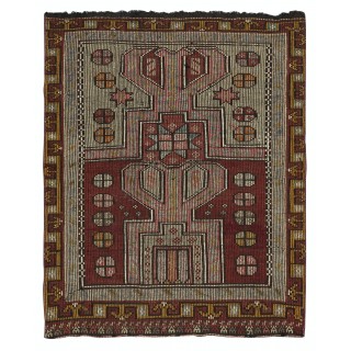 Vintage Turkish Handwoven Wool Prayer Kilim Rug with Geometric Mihrab Design in Red, Black and Ivory