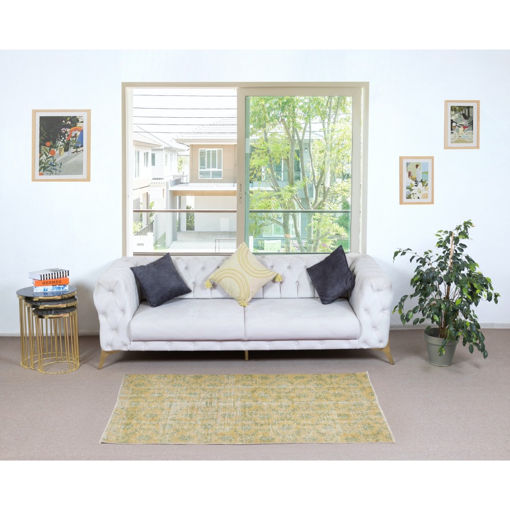 Yellow Color Handmade Turkish Wool Rug with Floral Design