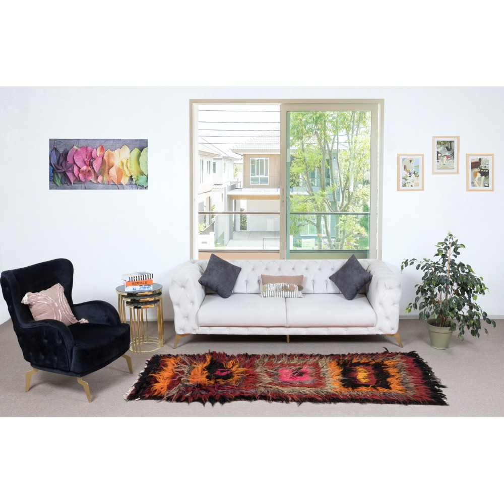 Vintage Shag Pile Handmade Turkish Tulu Runner Rug Made of Mohair Wool