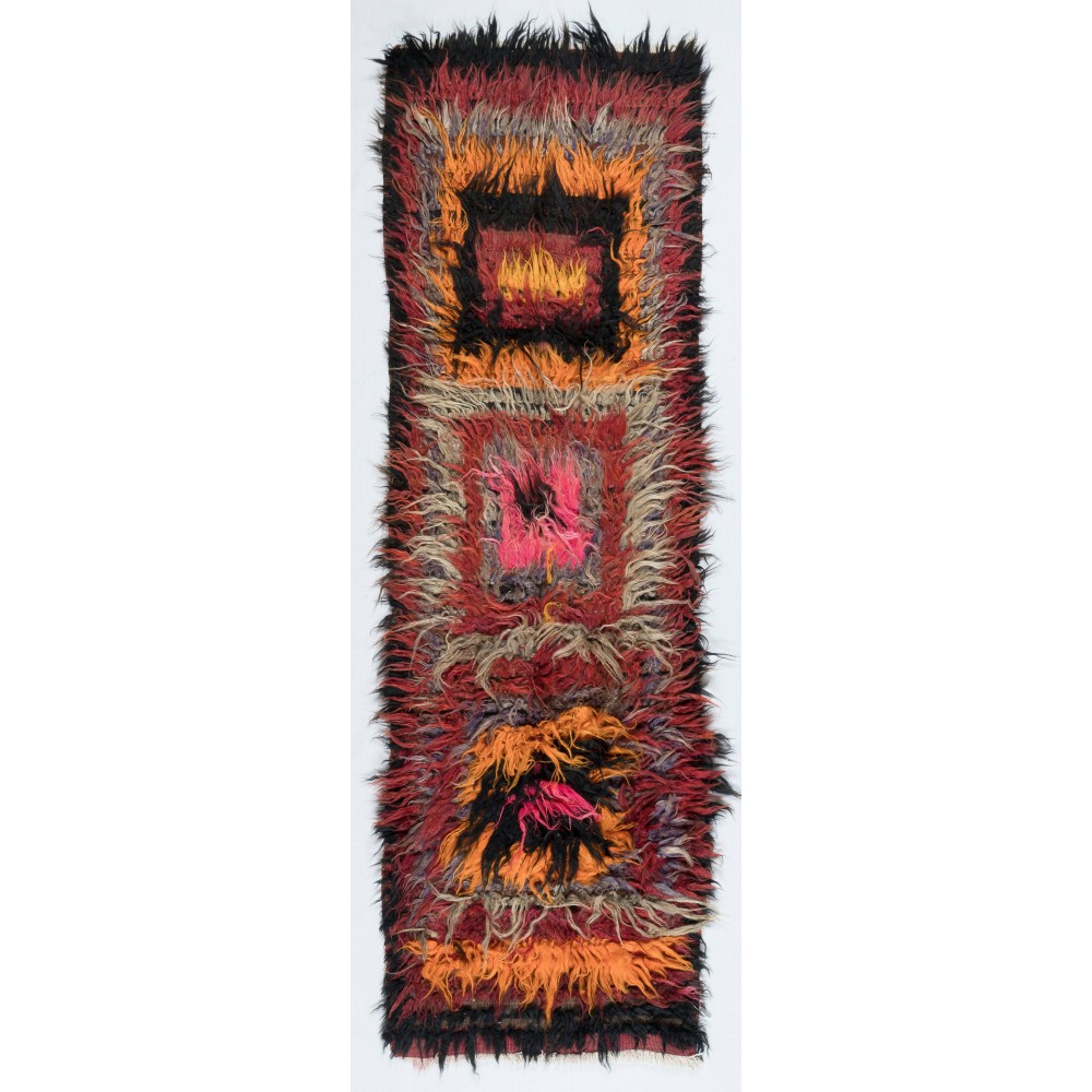 Vintage Shag Pile Handmade Turkish Tulu Runner Rug Made of Mohair Wool