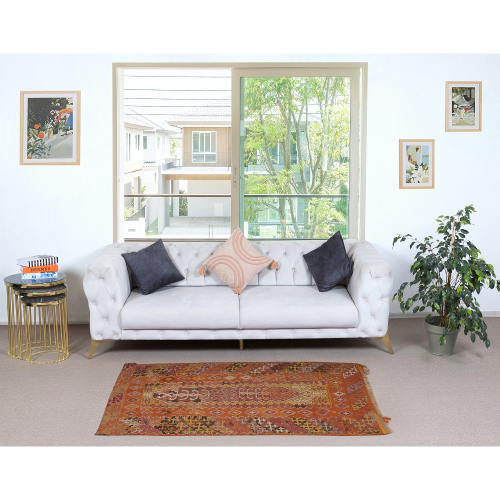 Mid-Century Hand-Woven Bohemian Turkish Kilim. 100% Wool. Vintage Flat-Weave Rug