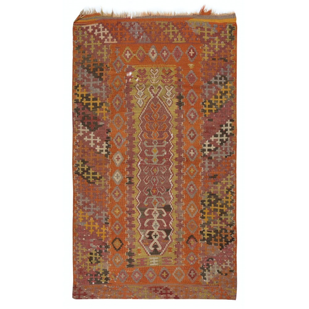 Mid-Century Hand-Woven Bohemian Turkish Kilim. 100% Wool. Vintage Flat-Weave Rug