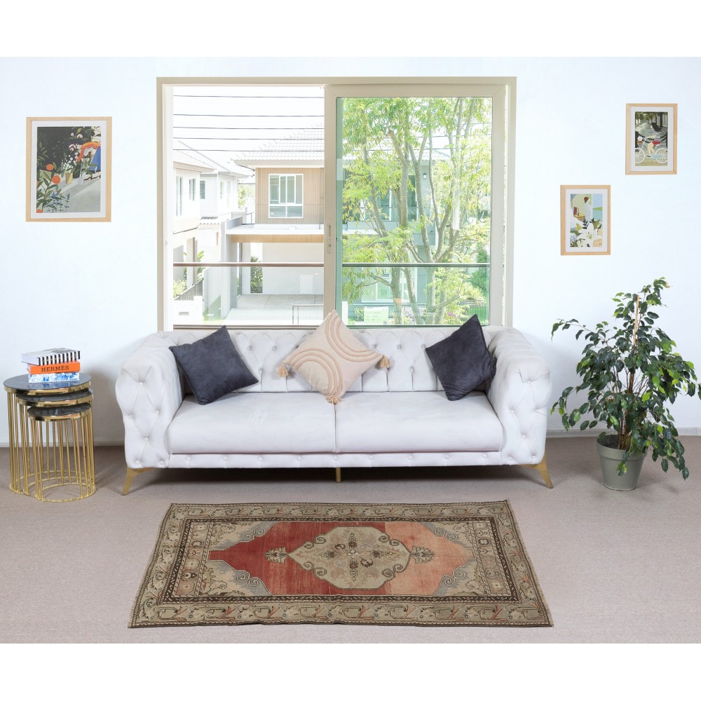 One of a pair Vintage Handmade Turkish Area Rug, 100% Wool