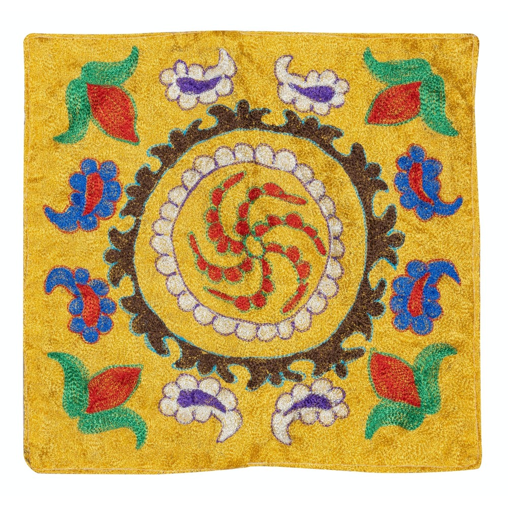 Silk Embroidery Cushion Cover. Yellow Pillow. Modern Lace Pillow