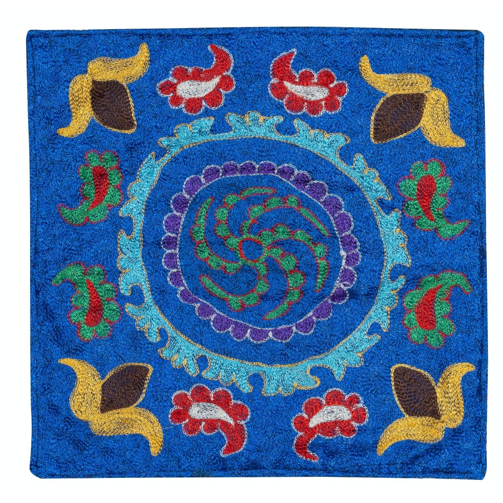 Silk Embroidery Cushion Cover. Blue Pillow. Modern Lace Pillow