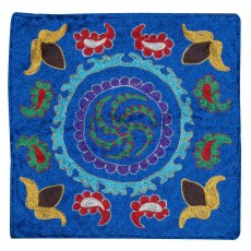 Hand Embroidered Silk and Cotton Cushion Cover. Blue Toss Pillow. New Lace Pillow
