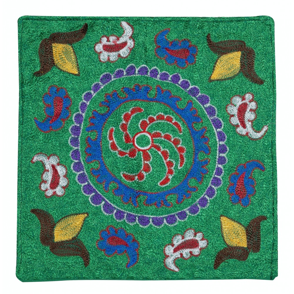 Silk Embroidery Cushion Cover. Modern Throw Pillow Cover. Green Pillowcase