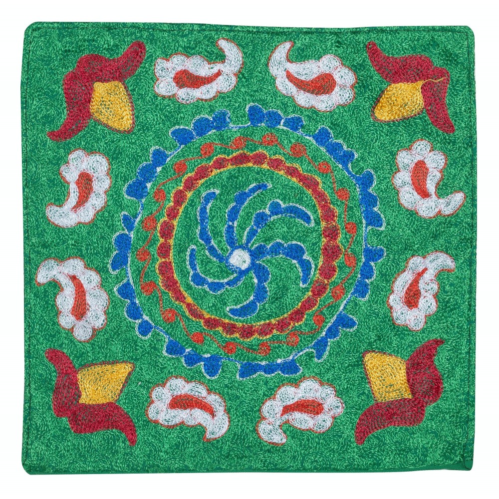 Silk Embroidery Cushion Cover. Green Toss Pillow Cover. Handmade Pillowcase