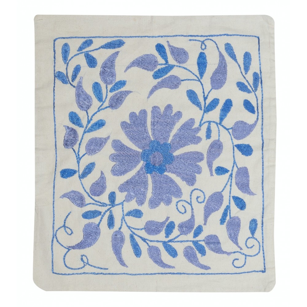 All Cotton Embroidered Cushion Cover. Handmade Pillowcase. Blue Toss Pillow