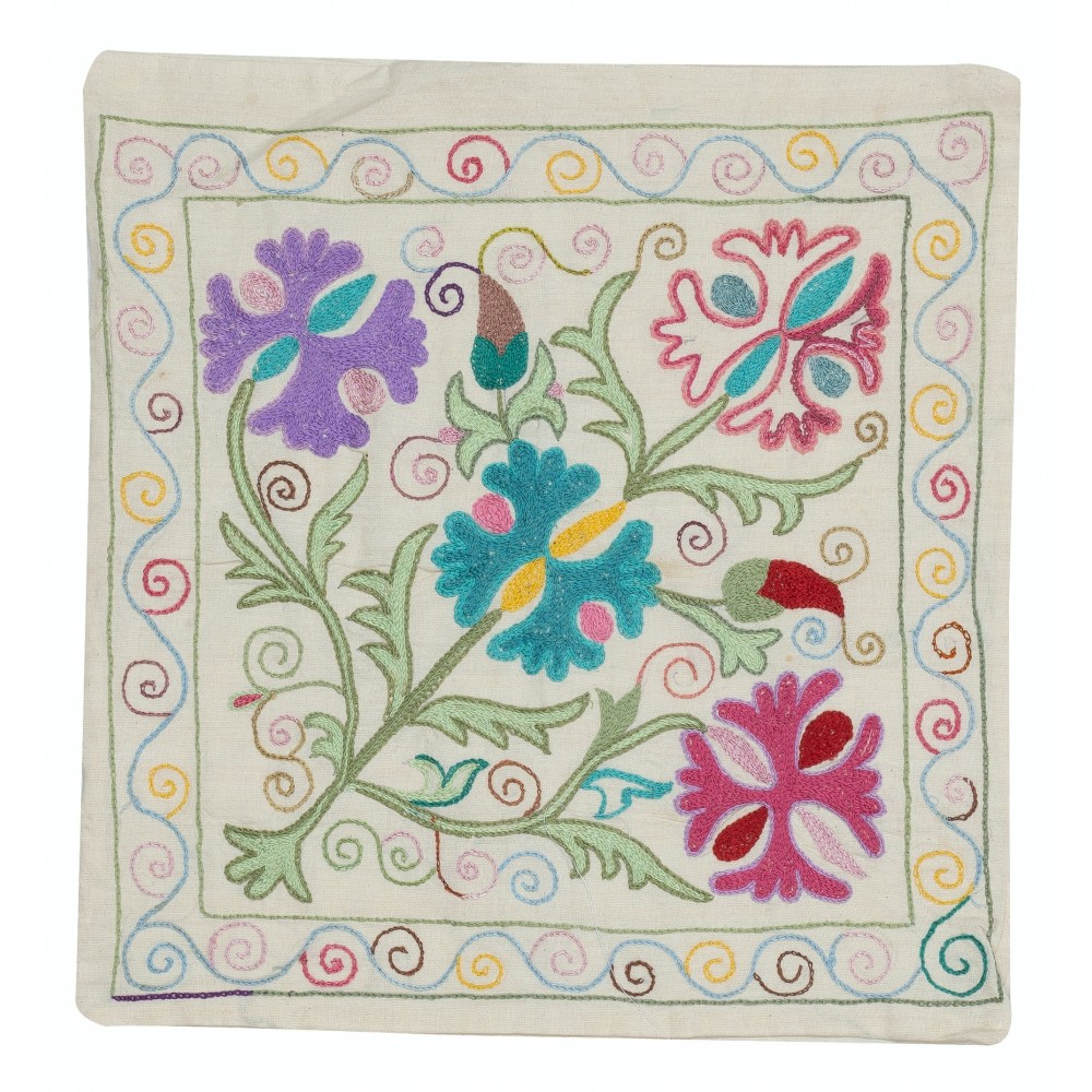 Hand Embroidered Silk and Cotton Cushion Cover. Suzani Pillowcase. Modern Lace Pillow