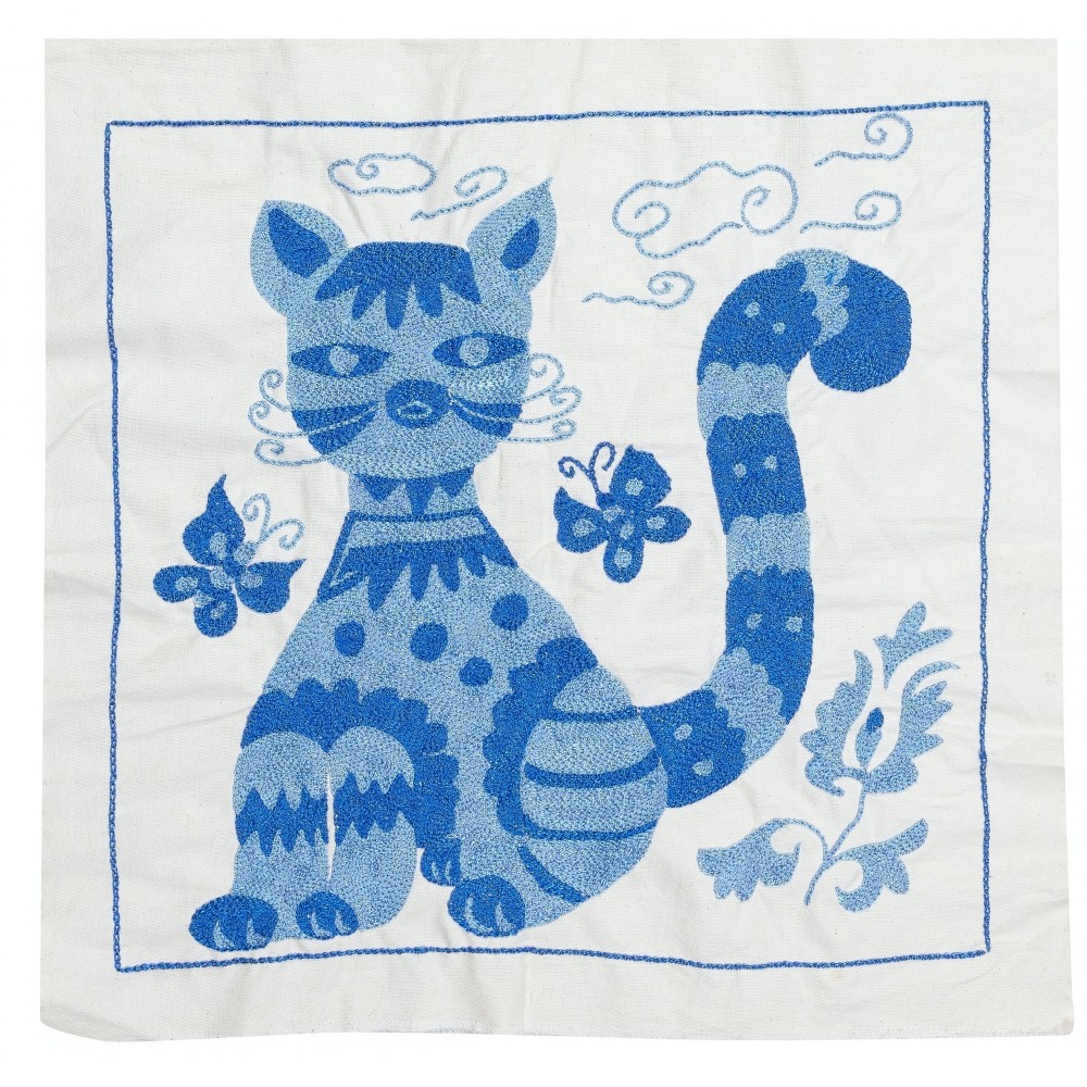 Set of 2 Modern Silk embroidery Cushion Cover. Pair Lace Pillow. Cat Patterned Throw Pillow. Blue Pillowcase
