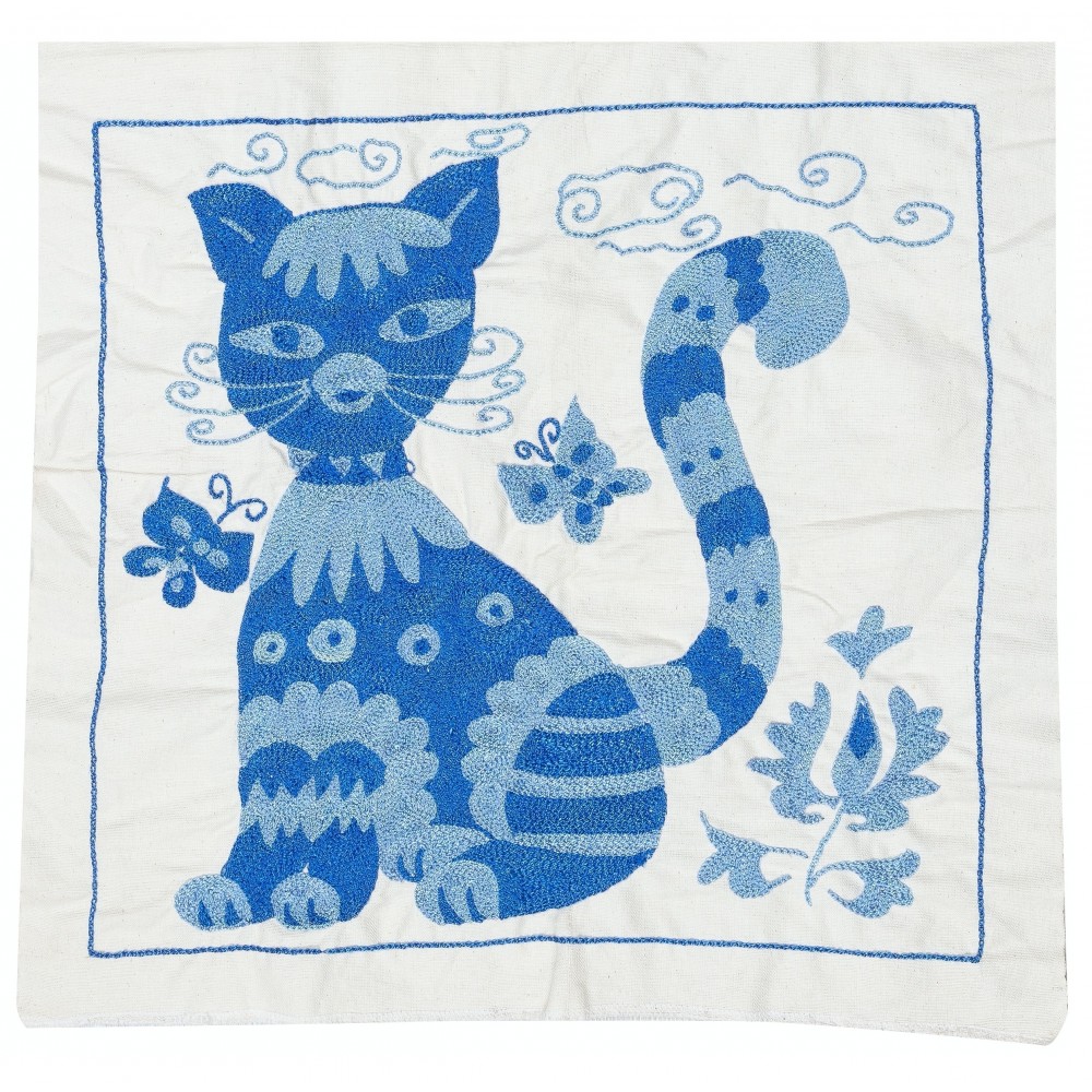 Set of 2 Modern Silk embroidery Cushion Cover. Pair Lace Pillow. Cat Patterned Throw Pillow. Blue Pillowcase