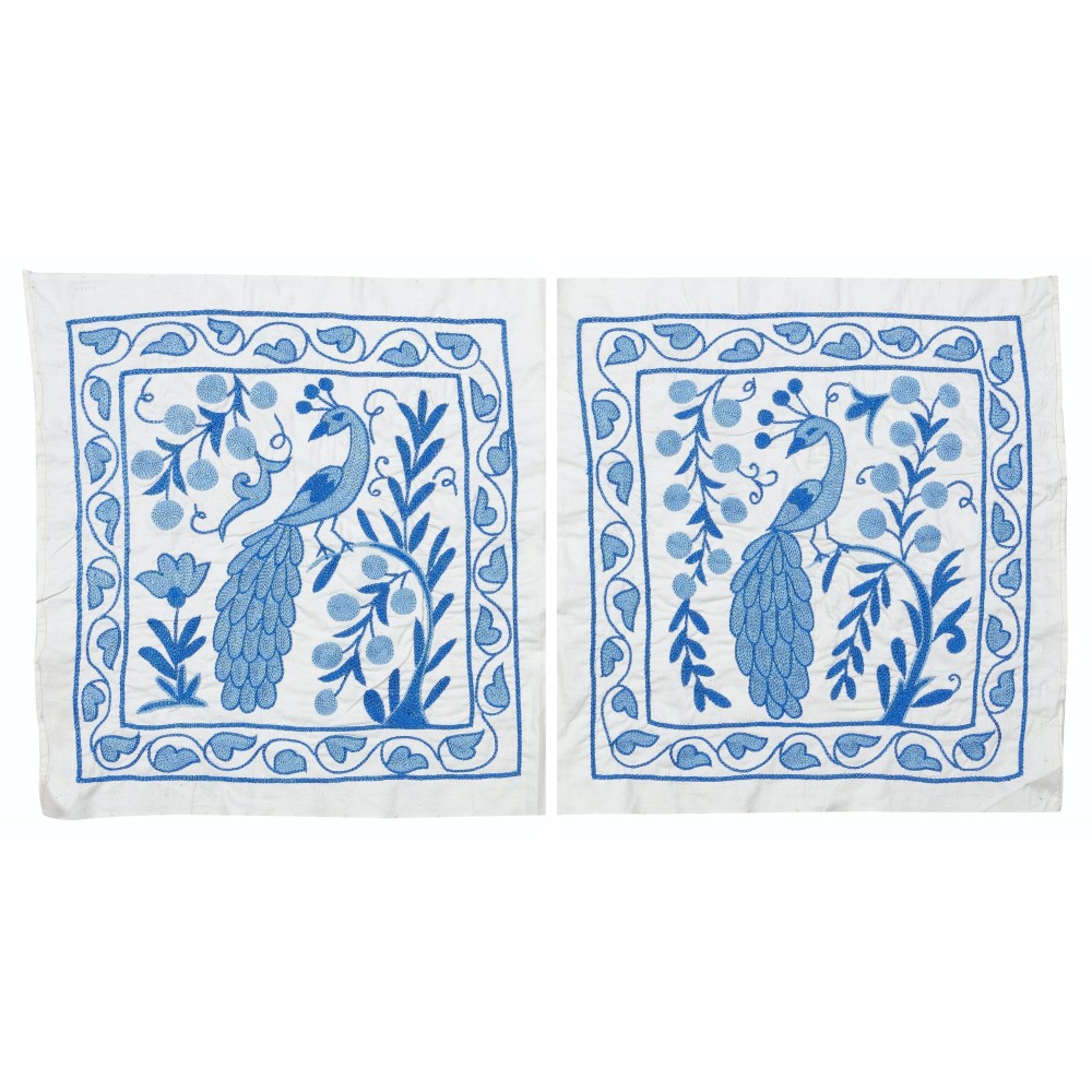 Set of 2 Modern Silk embroidery Cushion Cover. Pair Lace Pillow. Bird Patterned Throw Pillow. Blue Pillowcase