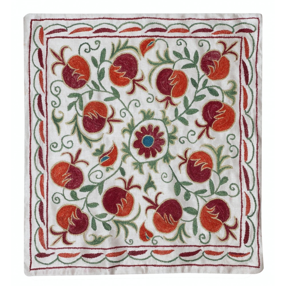 Embroidered Silk and Cotton Cushion Cover. Pomegranate Tree Design Pillowcase. Modern Lace Pillow