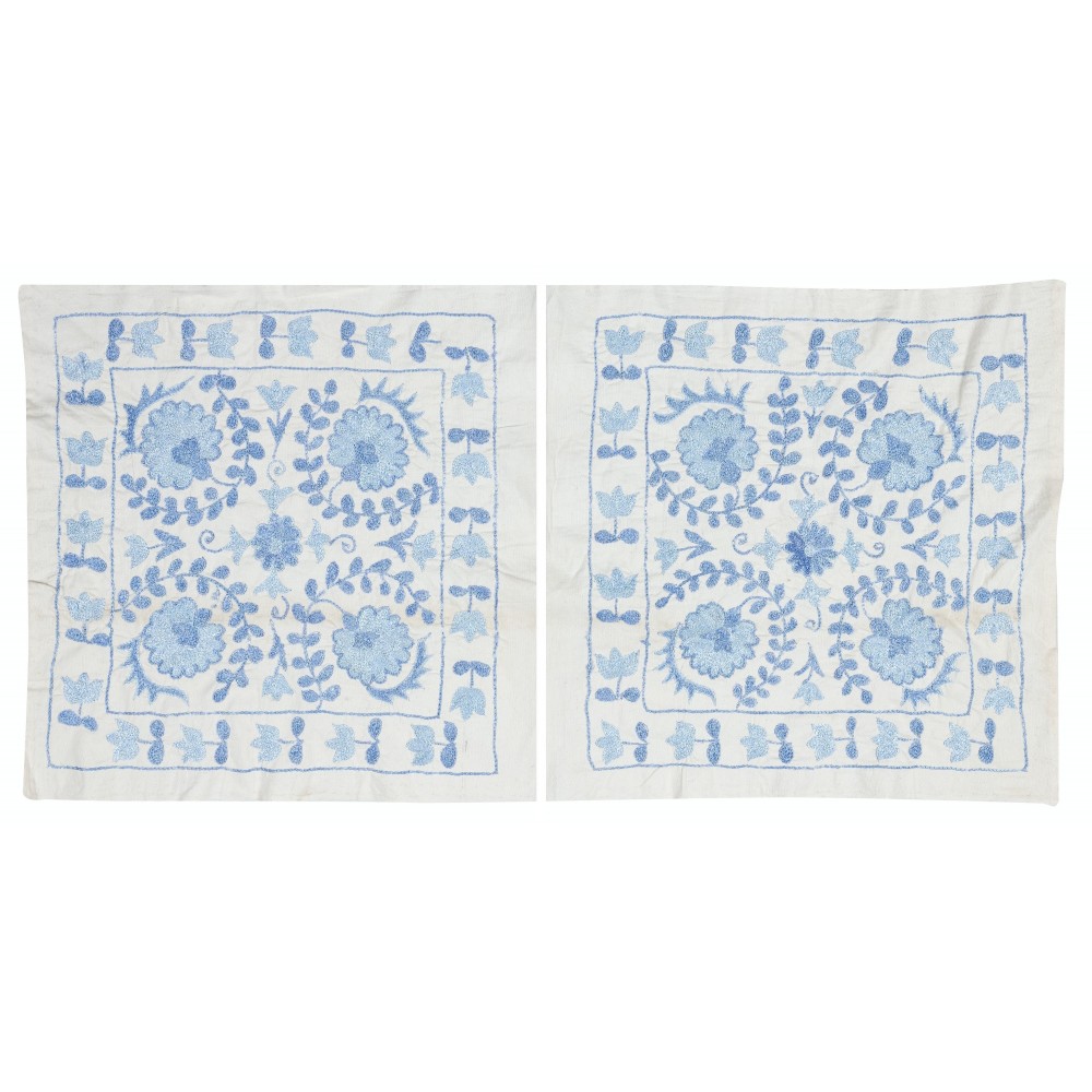 Set of 2 Modern Silk embroidery Cushion Cover. Pair Lace Pillow. Blue Throw Pillow