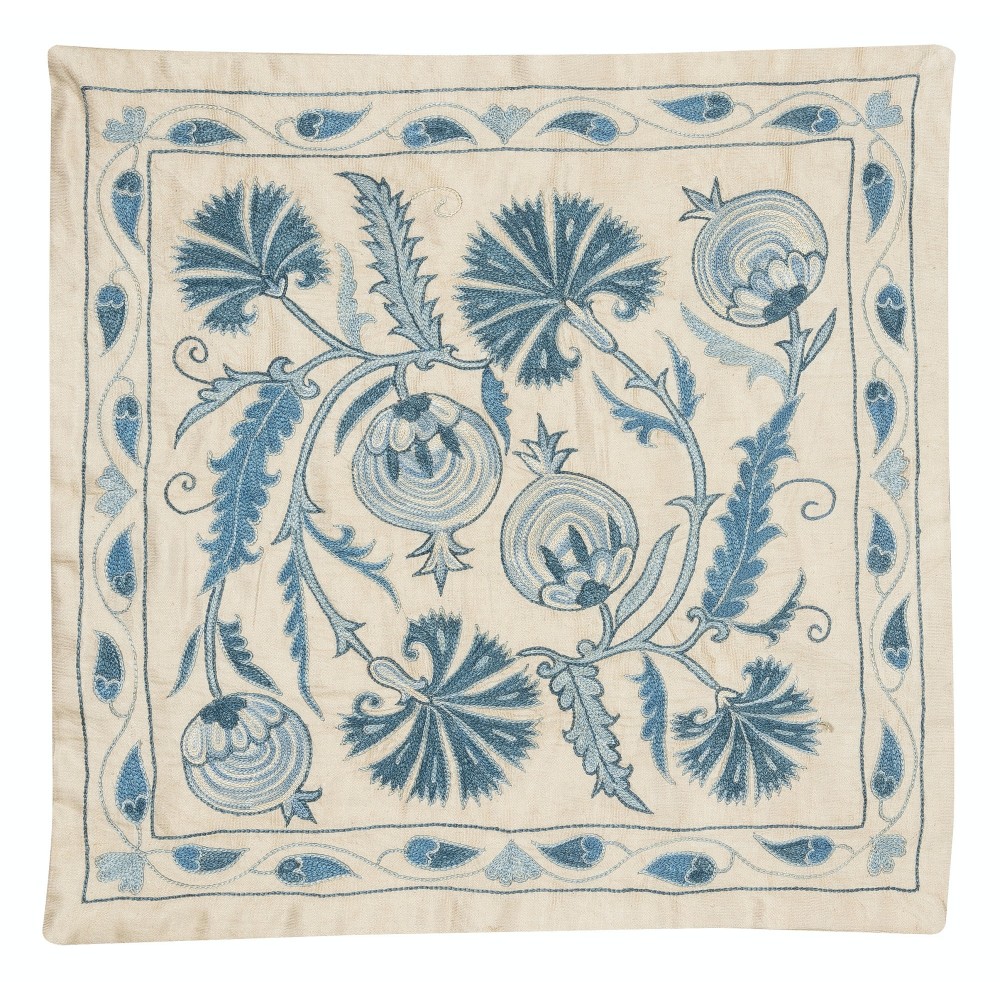 Modern 100% Silk Embroidered Pillow Cover. Handmade Cushion Cover. Blue Accent Throw Pillow