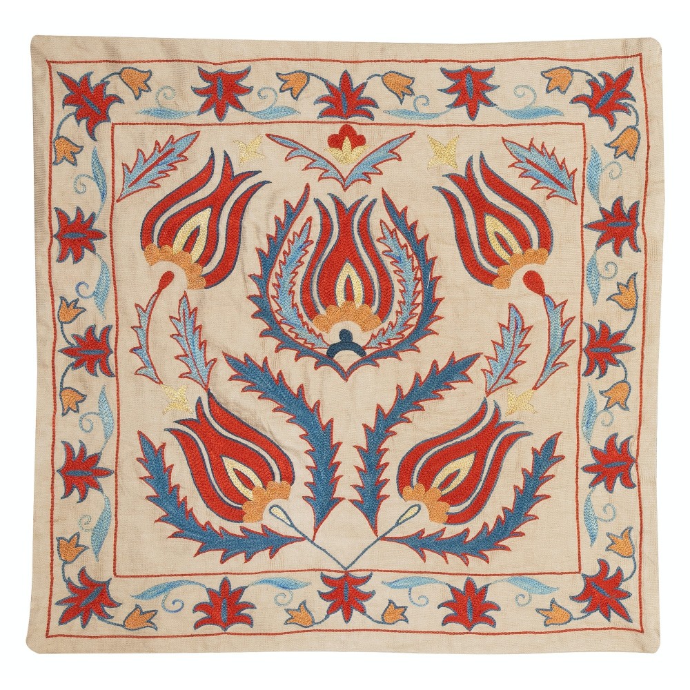 Modern Cushion Cover. 100% Silk Lace Pillow. Hand Embroidered Pillowcase. Made in Uzbekistan
