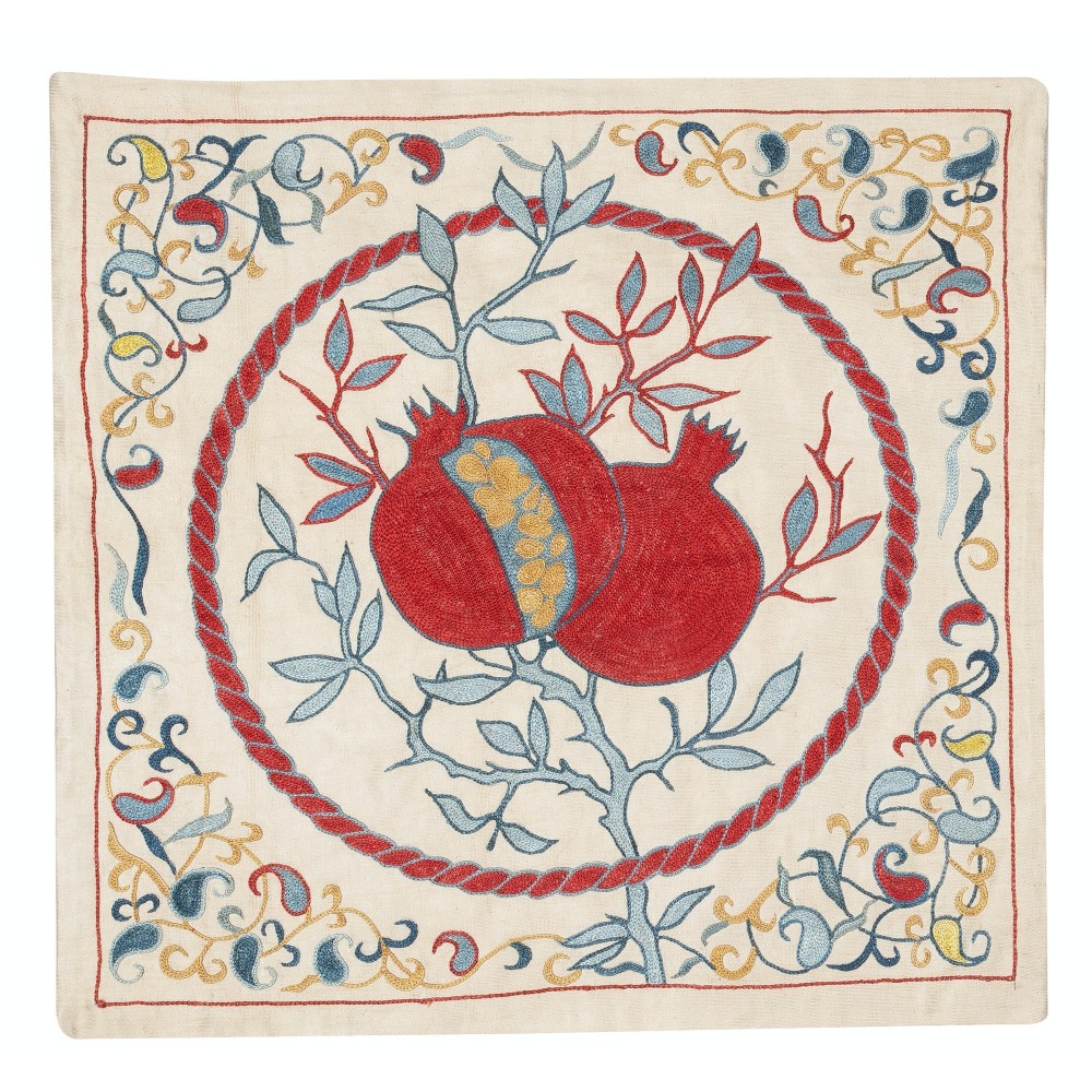 Hand Embroidered 100% Silk Pillow. Pomegranate Design Cushion Cover. Modern Throw Pillow Cover