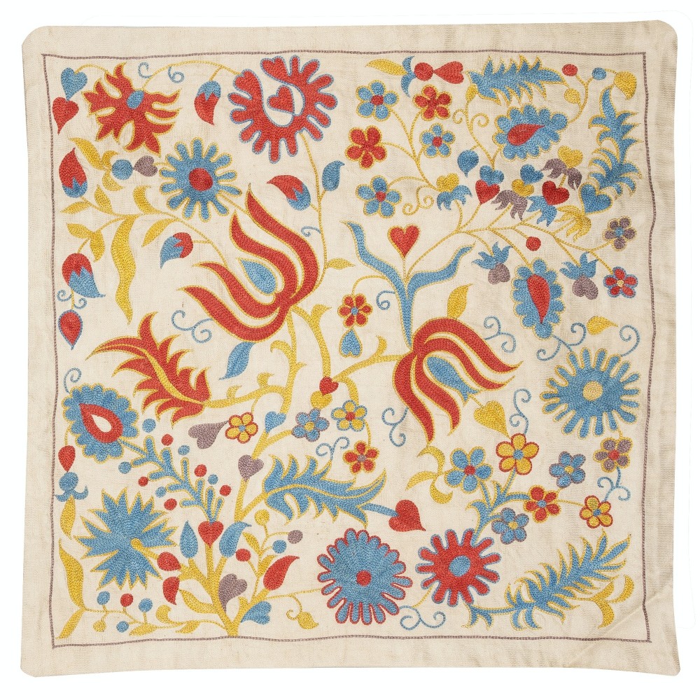 All Silk Cushion Cover. Suzani Lace Pillow. Embroidered Pillowcase. Contemporary Toss Pillow