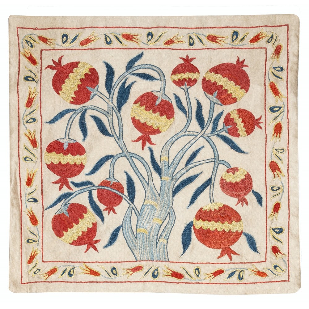 100% Silk Embroidered Cushion Cover. Pomegranate Tree Design Lace Pillow. Handmade Pillowcase