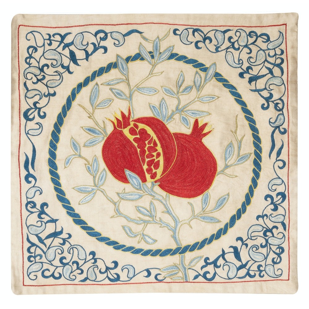 Embroidered 100% Silk Cushion Cover. Pomegranate Patterned Lace Pillow. Handmade Toss Pillow Cover