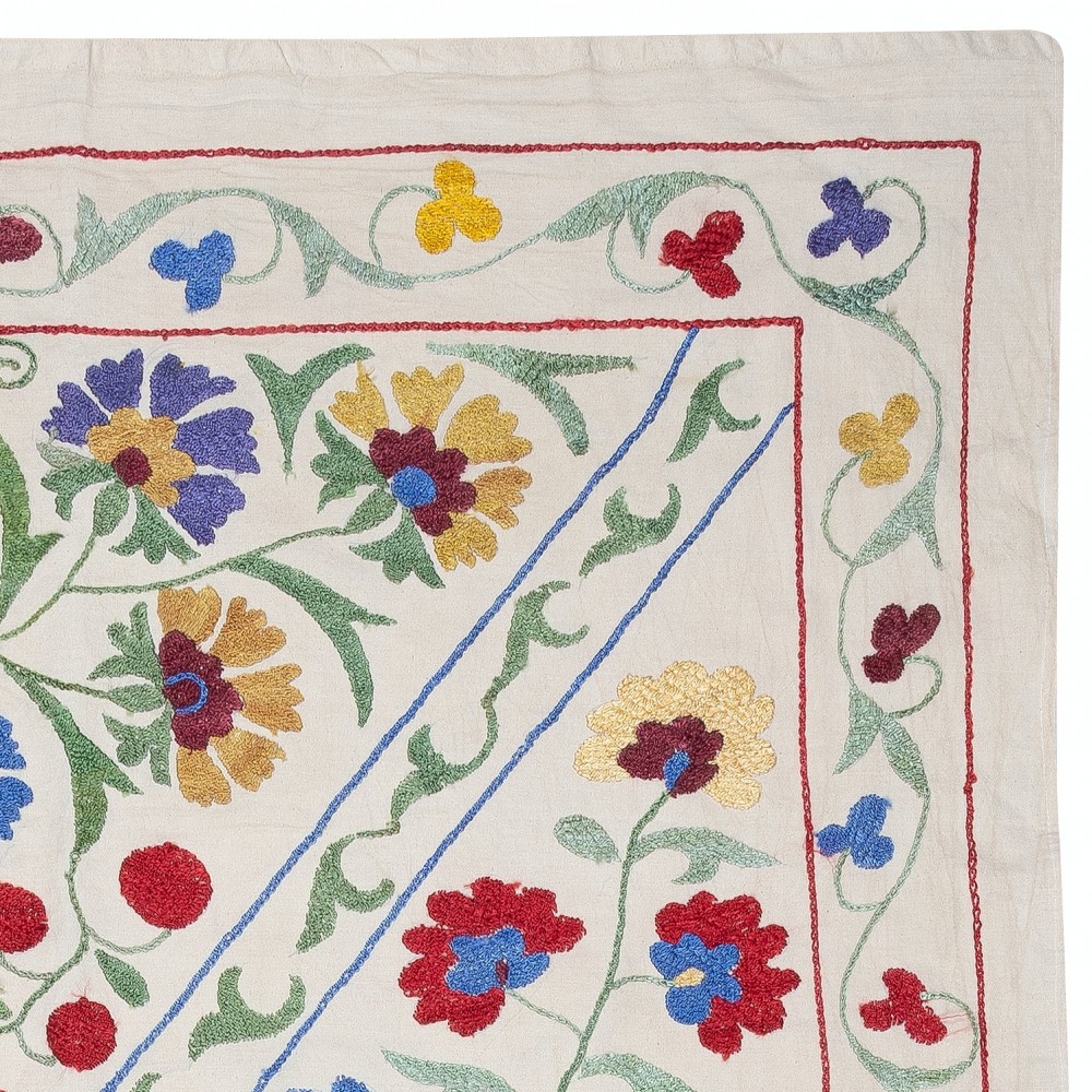 Modern Embroidered Wall Hanging, Flower Design Silk and Cotton Bed Cover