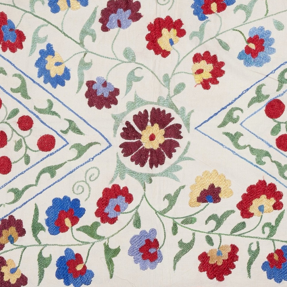 Modern Embroidered Wall Hanging, Flower Design Silk and Cotton Bed Cover