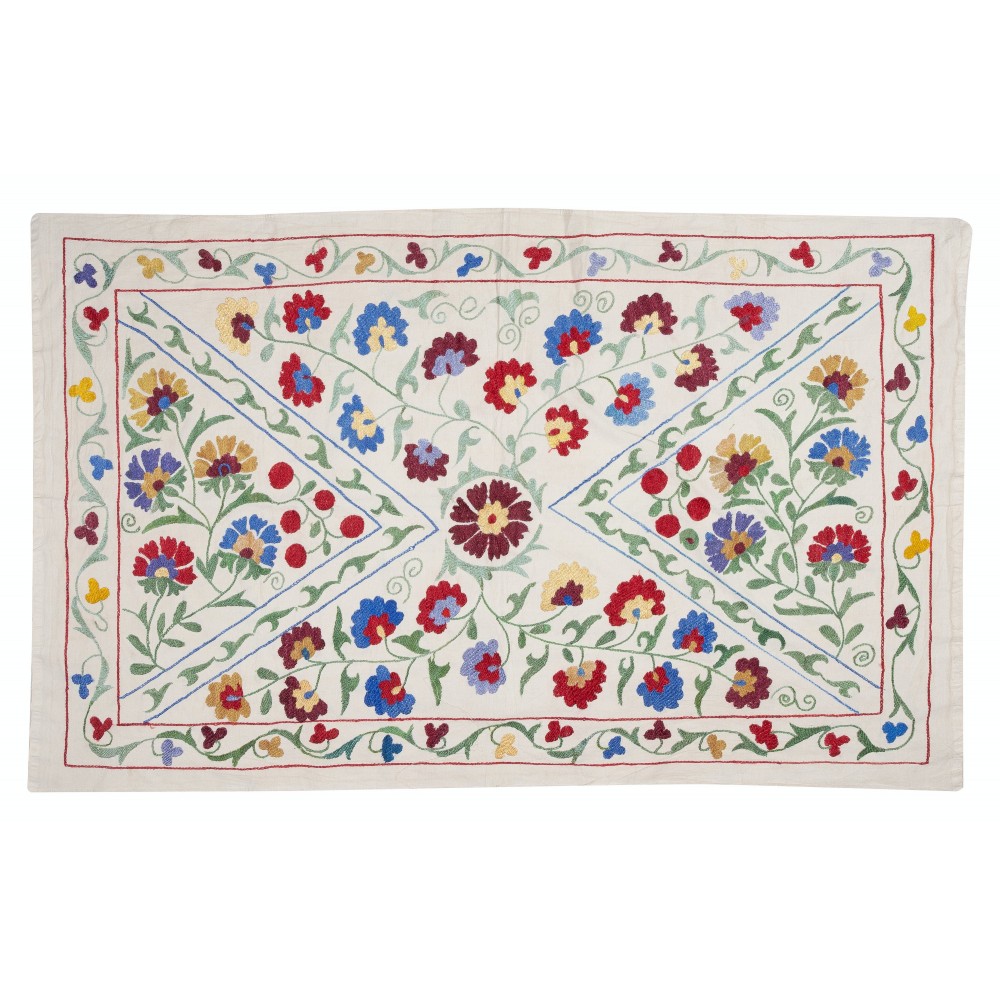 Modern Embroidered Wall Hanging, Flower Design Silk and Cotton Bed Cover