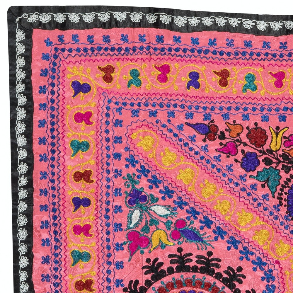 Embroidered Silk & Cotton Wall Hanging. Pink Bed Cover. Modern Tablecloth. Colorful Sofa Throw