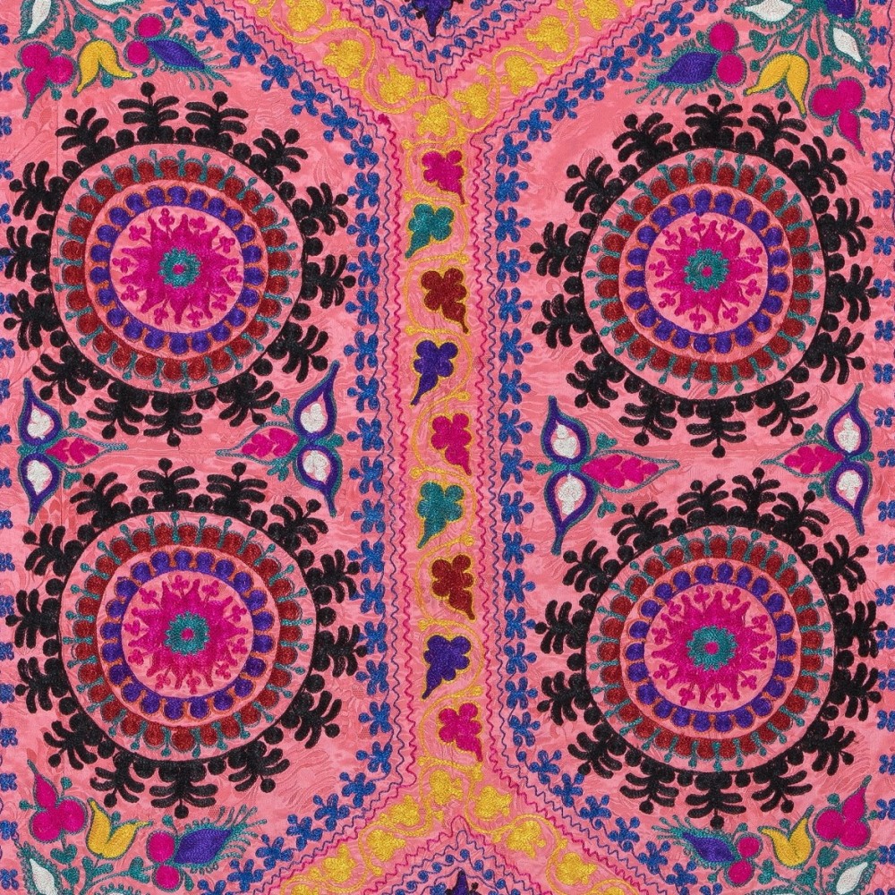 Embroidered Silk & Cotton Wall Hanging. Pink Bed Cover. Modern Tablecloth. Colorful Sofa Throw