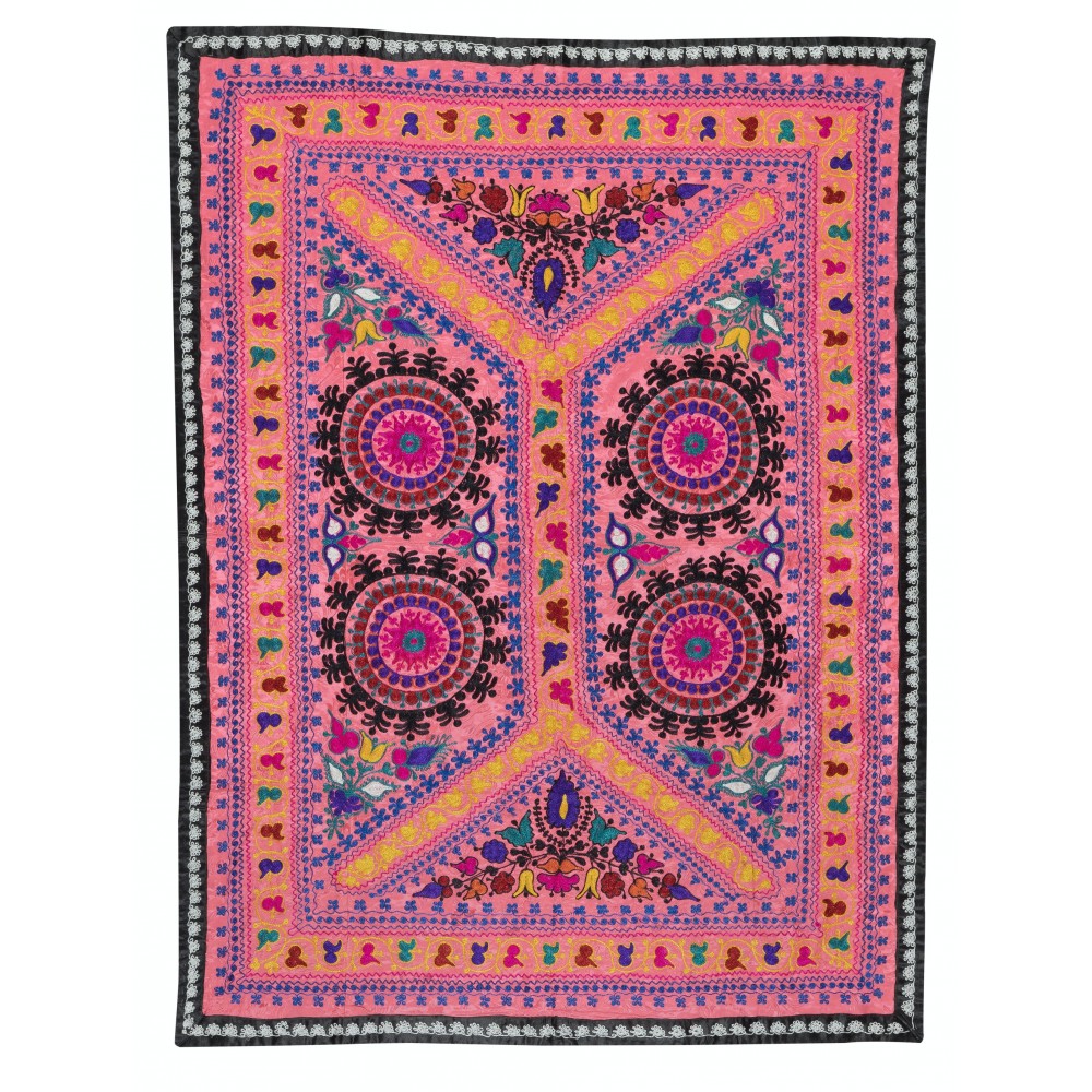 Embroidered Silk & Cotton Wall Hanging. Pink Bed Cover. Modern Tablecloth. Colorful Sofa Throw