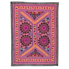 Embroidered Silk & Cotton Wall Hanging. Pink Bed Cover. Modern Tablecloth. Colorful Sofa Throw