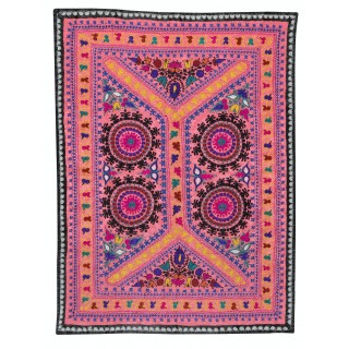 Embroidered Silk & Cotton Wall Hanging. Pink Bed Cover. Modern Tablecloth. Colorful Sofa Throw