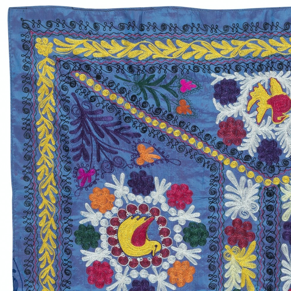 Embroidered Silk & Cotton Wall Hanging. Blue Bed Cover. Modern Tablecloth. Colorful Sofa Throw