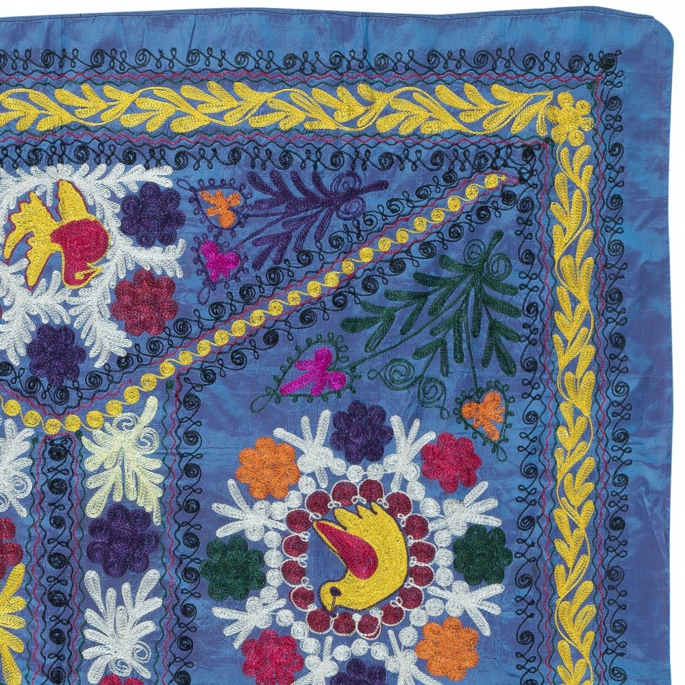Embroidered Silk & Cotton Wall Hanging. Blue Bed Cover. Modern Tablecloth. Colorful Sofa Throw