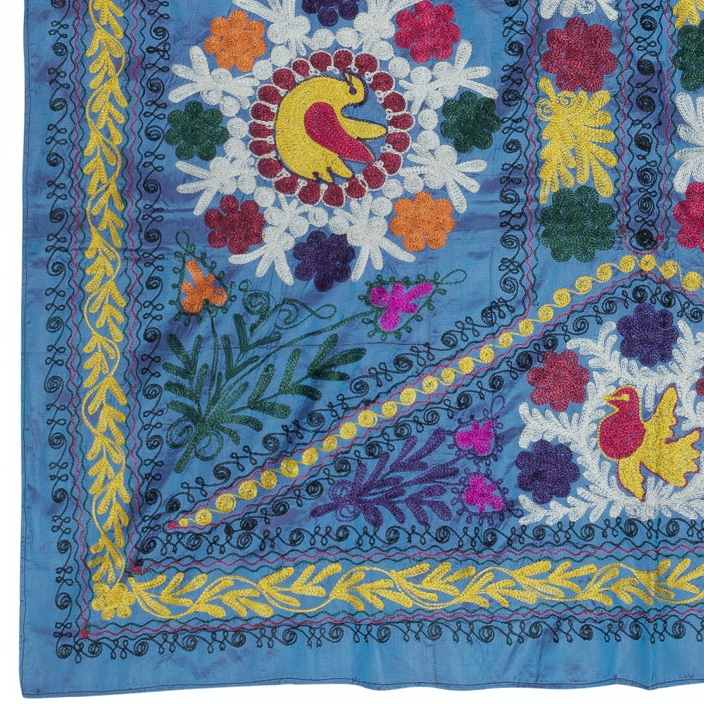 Embroidered Silk & Cotton Wall Hanging. Blue Bed Cover. Modern Tablecloth. Colorful Sofa Throw