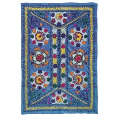 Embroidered Silk & Cotton Wall Hanging. Blue Bed Cover. New Tablecloth. Colorful Sofa Throw