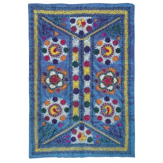 Embroidered Silk & Cotton Wall Hanging. Blue Bed Cover. New Tablecloth. Colorful Sofa Throw