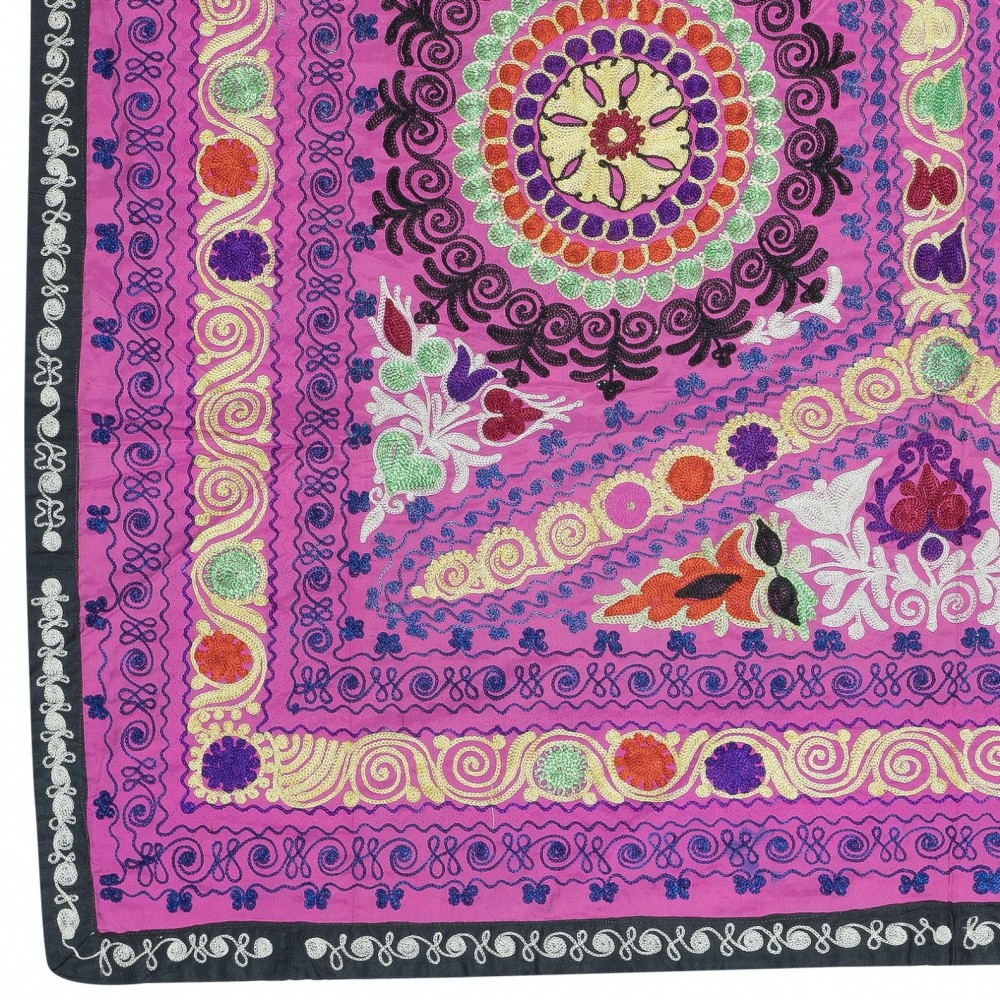 Embroidered Silk & Cotton Wall Hanging. Pink Bed Cover. Modern Tablecloth. Colorful Sofa Throw