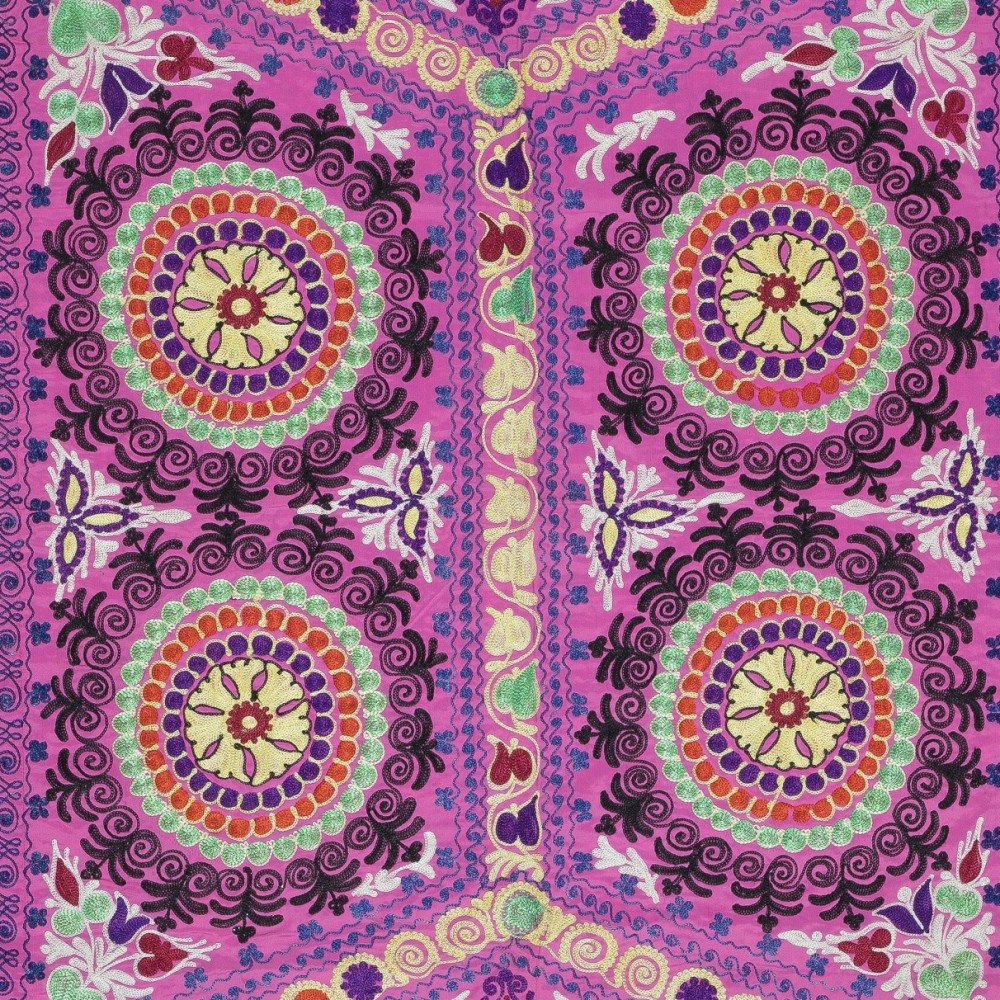 Embroidered Silk & Cotton Wall Hanging. Pink Bed Cover. Modern Tablecloth. Colorful Sofa Throw