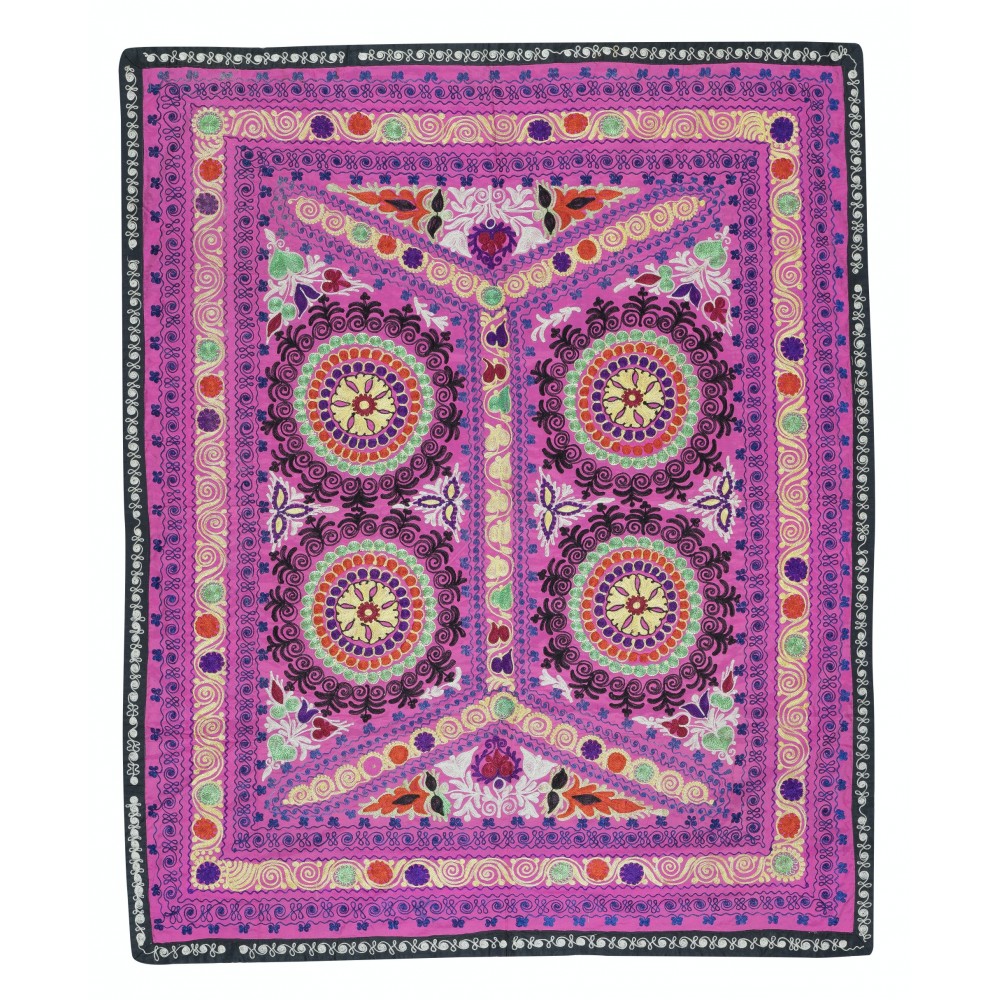 Embroidered Silk & Cotton Wall Hanging. Pink Bed Cover. Modern Tablecloth. Colorful Sofa Throw